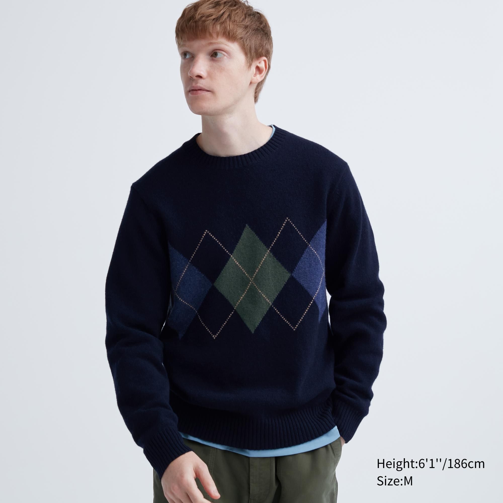 Navy Uniqlo Premium Lambswool Argyle Crew Neck Jumper | KHQLV-1306