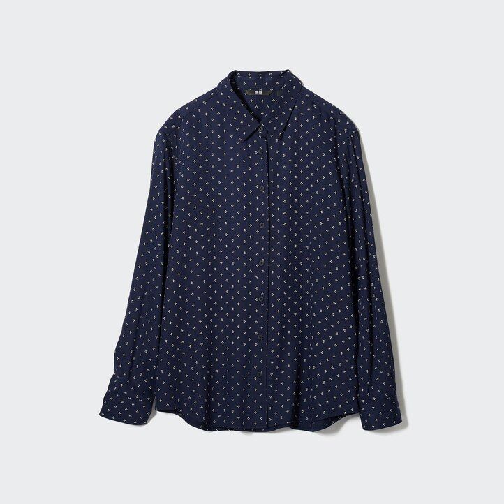 Navy Uniqlo Rayon Printed Long Sleeved Blouse | RJFGE-4351