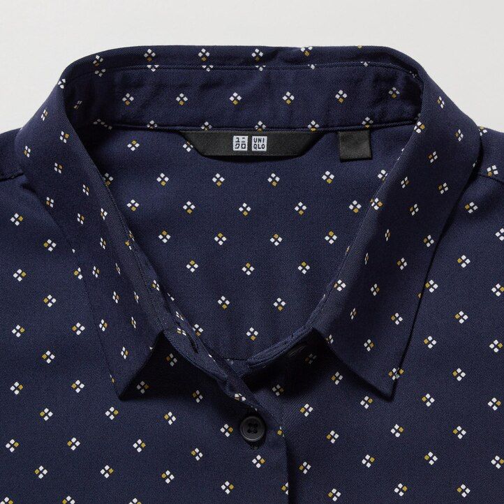Navy Uniqlo Rayon Printed Long Sleeved Blouse | RJFGE-4351
