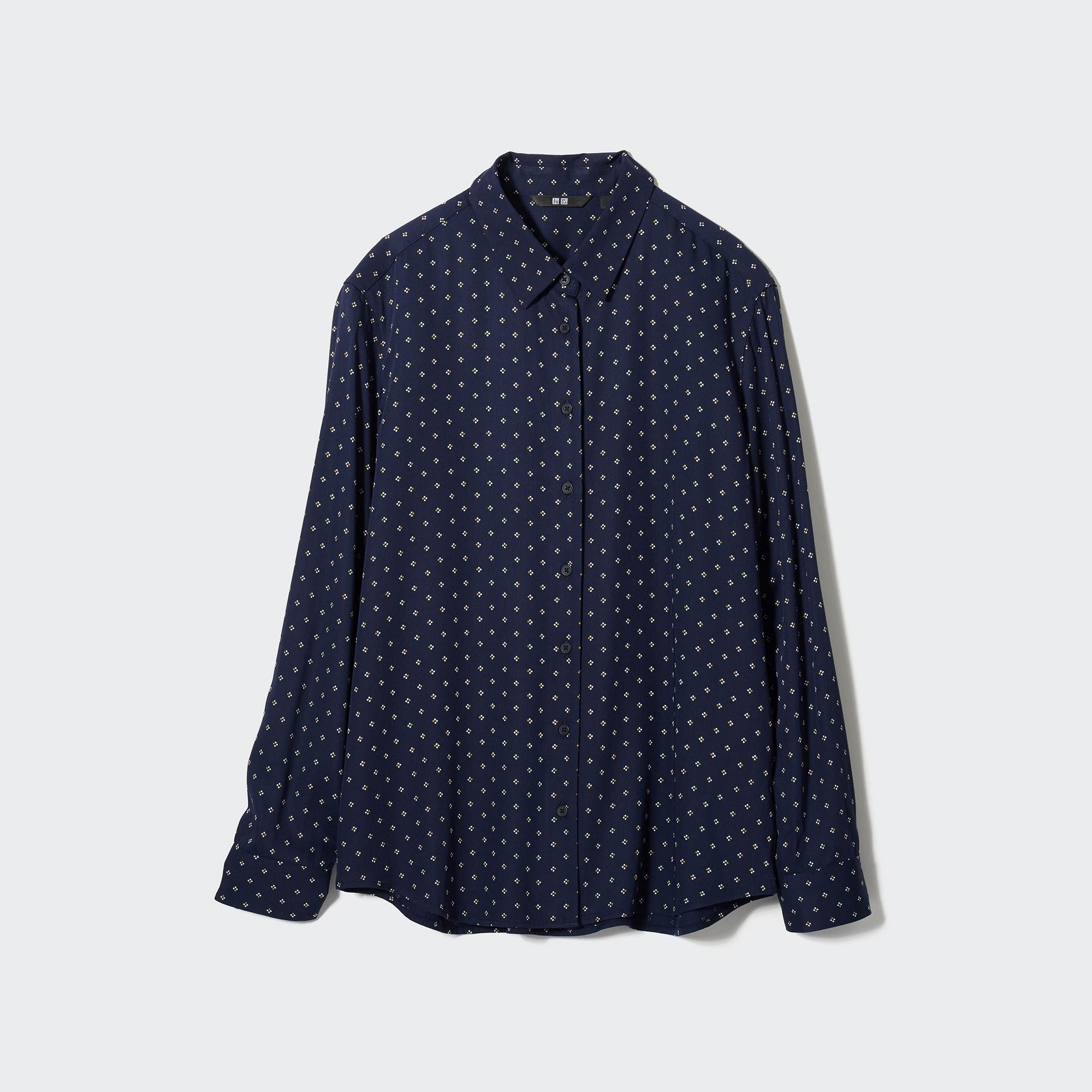 Navy Uniqlo Rayon Printed Long Sleeved Blouse | RJFGE-4351