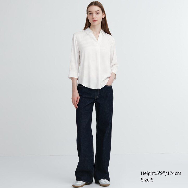 Navy Uniqlo Rayon Striped Skipper Collar 34 Sleeved Blouse | ZTPOD-5679