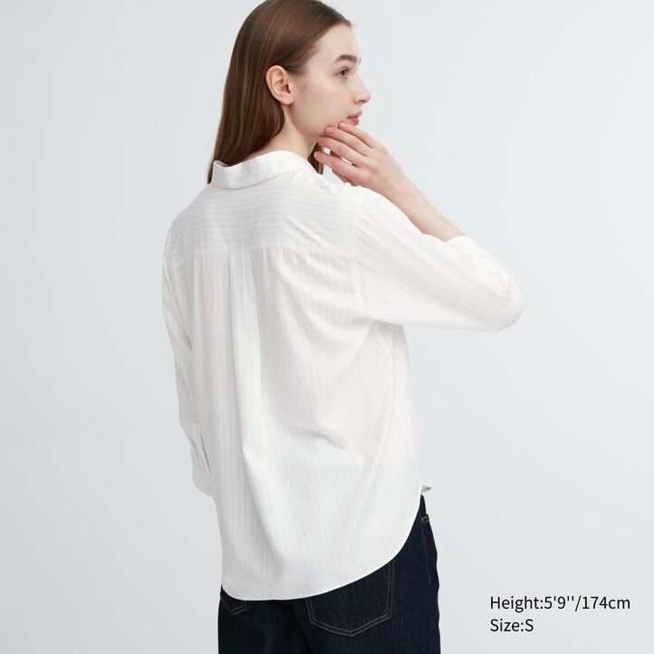 Navy Uniqlo Rayon Striped Skipper Collar 34 Sleeved Blouse | ZTPOD-5679
