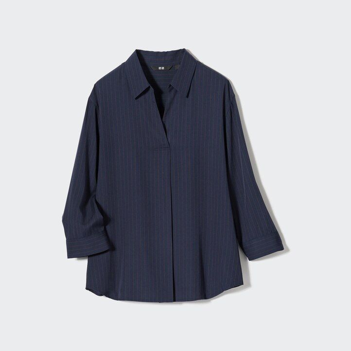 Navy Uniqlo Rayon Striped Skipper Collar 34 Sleeved Blouse | ZTPOD-5679