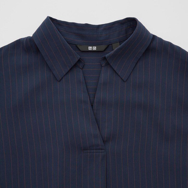 Navy Uniqlo Rayon Striped Skipper Collar 34 Sleeved Blouse | ZTPOD-5679
