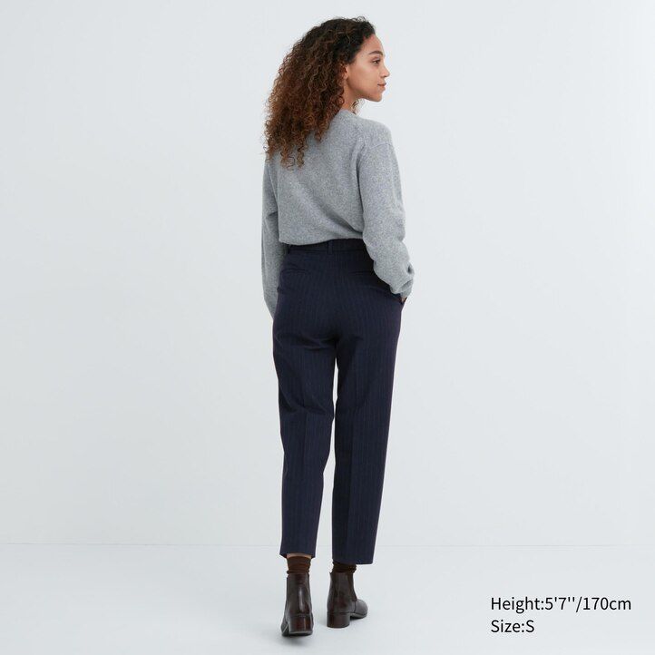 Navy Uniqlo Smart Brushed Striped Ankle Length Trousers | MWPZF-0718
