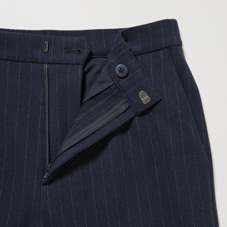 Navy Uniqlo Smart Brushed Striped Ankle Length Trousers | MWPZF-0718