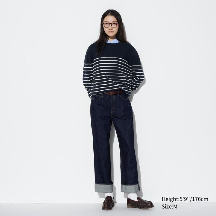 Navy Uniqlo Washable Milano Ribbed Striped Crew Neck Jumper | WDZXS-7368