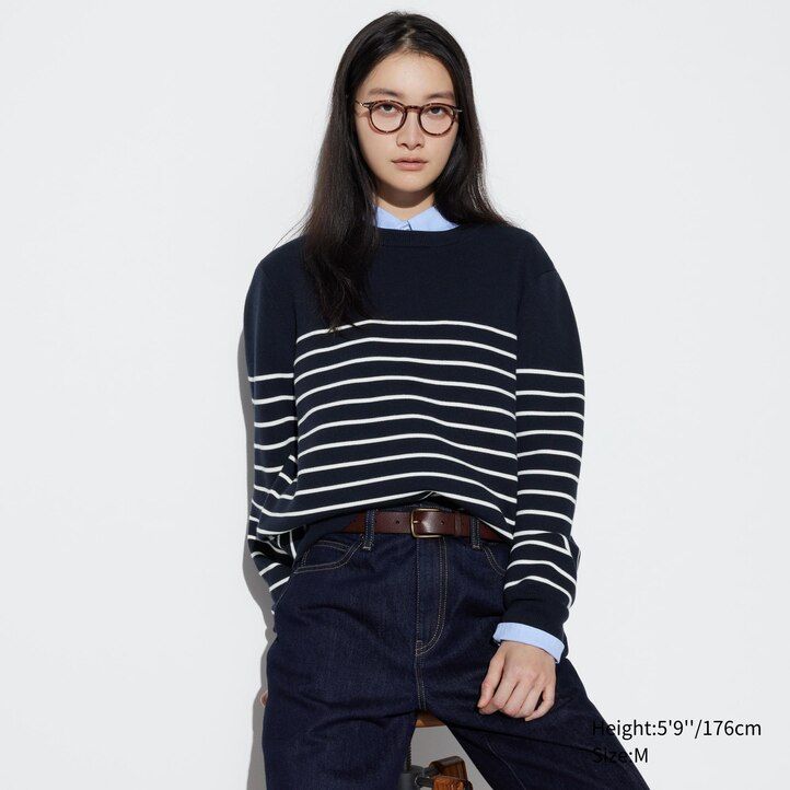 Navy Uniqlo Washable Milano Ribbed Striped Crew Neck Jumper | WDZXS-7368