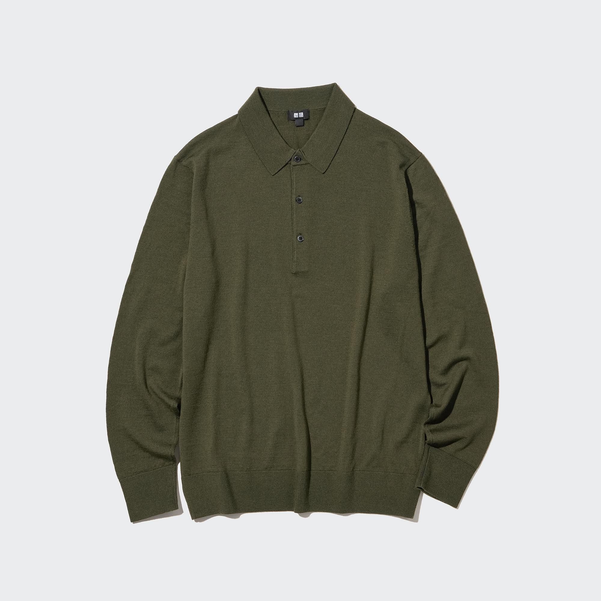 Olive Uniqlo 100pct Extra Fine Merino Knitted Long Sleeved Polo Shirt | PEVZU-5618
