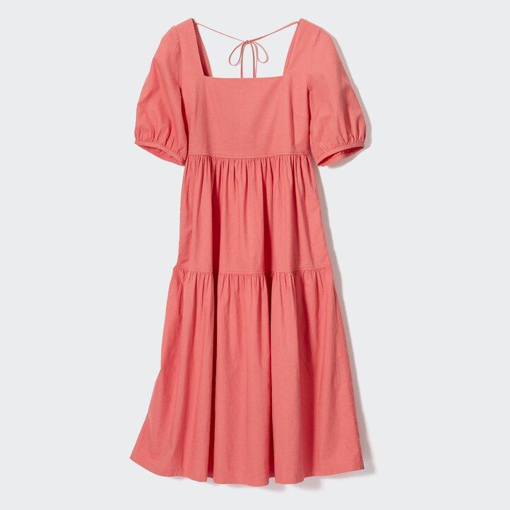 Olive Uniqlo Linen Blend Shirring Volume Sleeved Dress | ALESI-3524