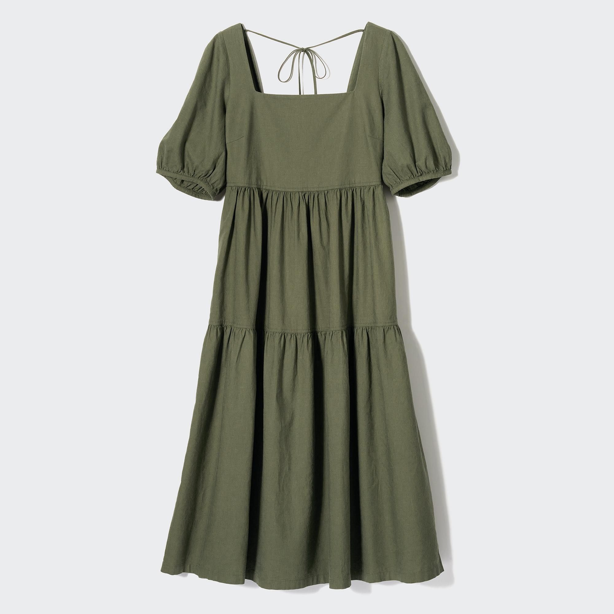Olive Uniqlo Linen Blend Shirring Volume Sleeved Dress | ALESI-3524