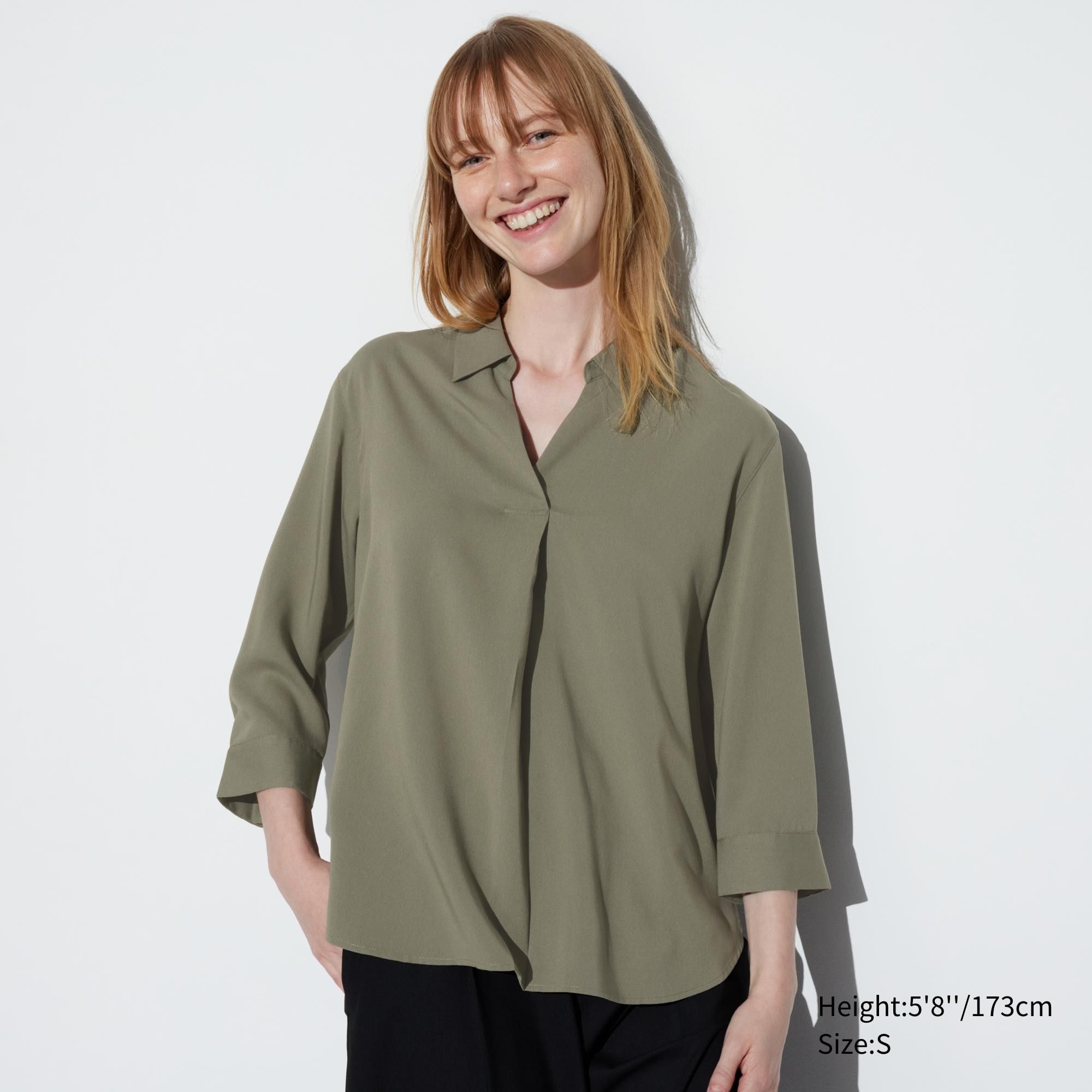 Olive Uniqlo Rayon Skipper Collar 34 Sleeved Blouse | EVQBW-3251