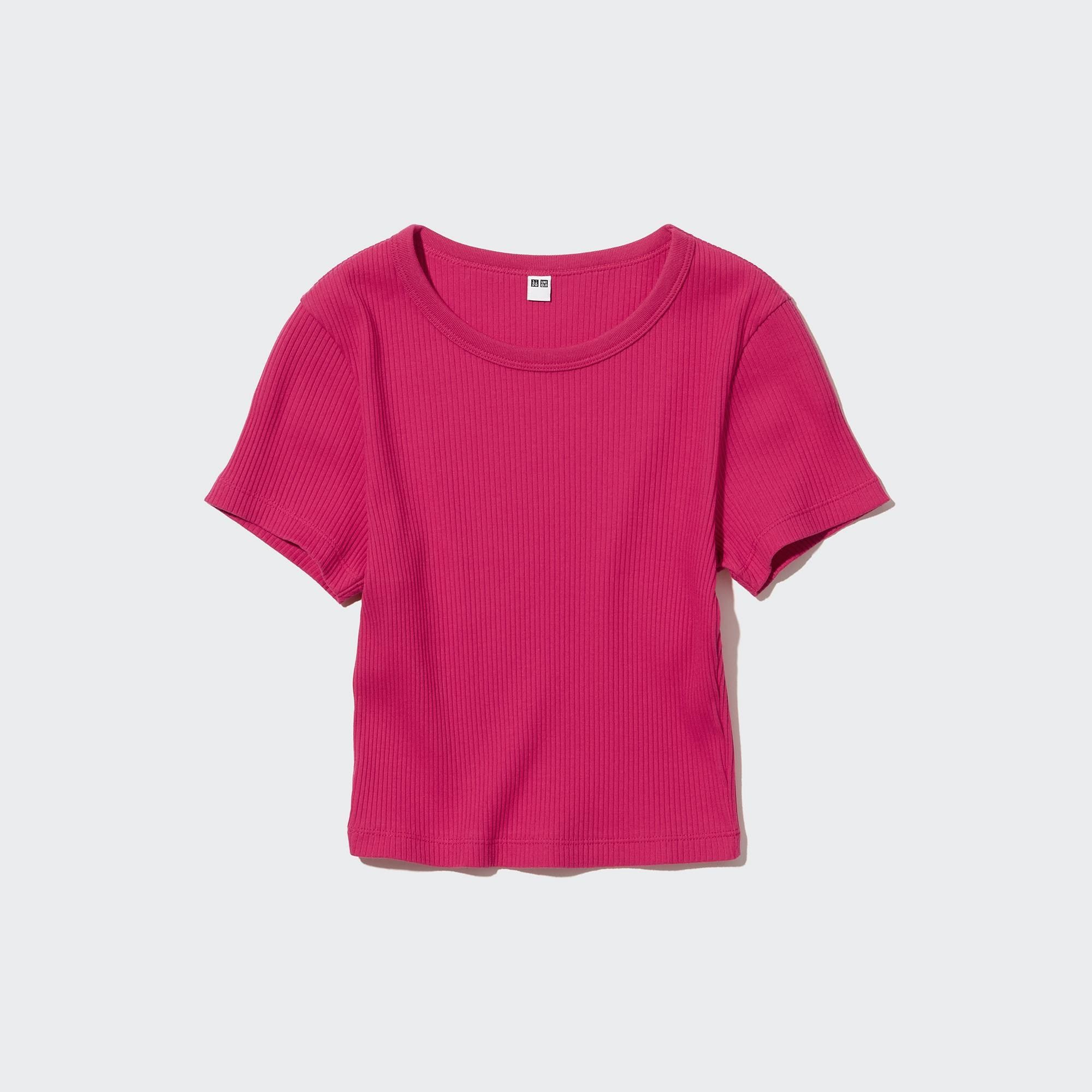 Pink Uniqlo Ribbed Cropped Crew Neck T-Shirt | TREFC-4873