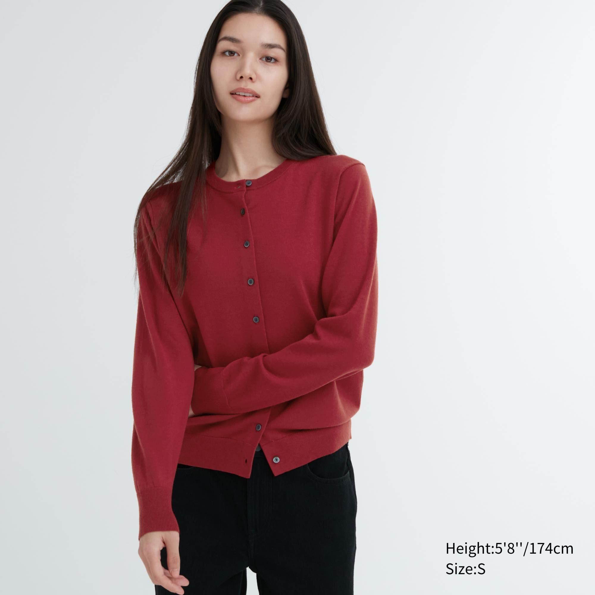 Red Uniqlo 100pct Extra Fine Merino Crew Neck Cardigan | DAFVZ-4789