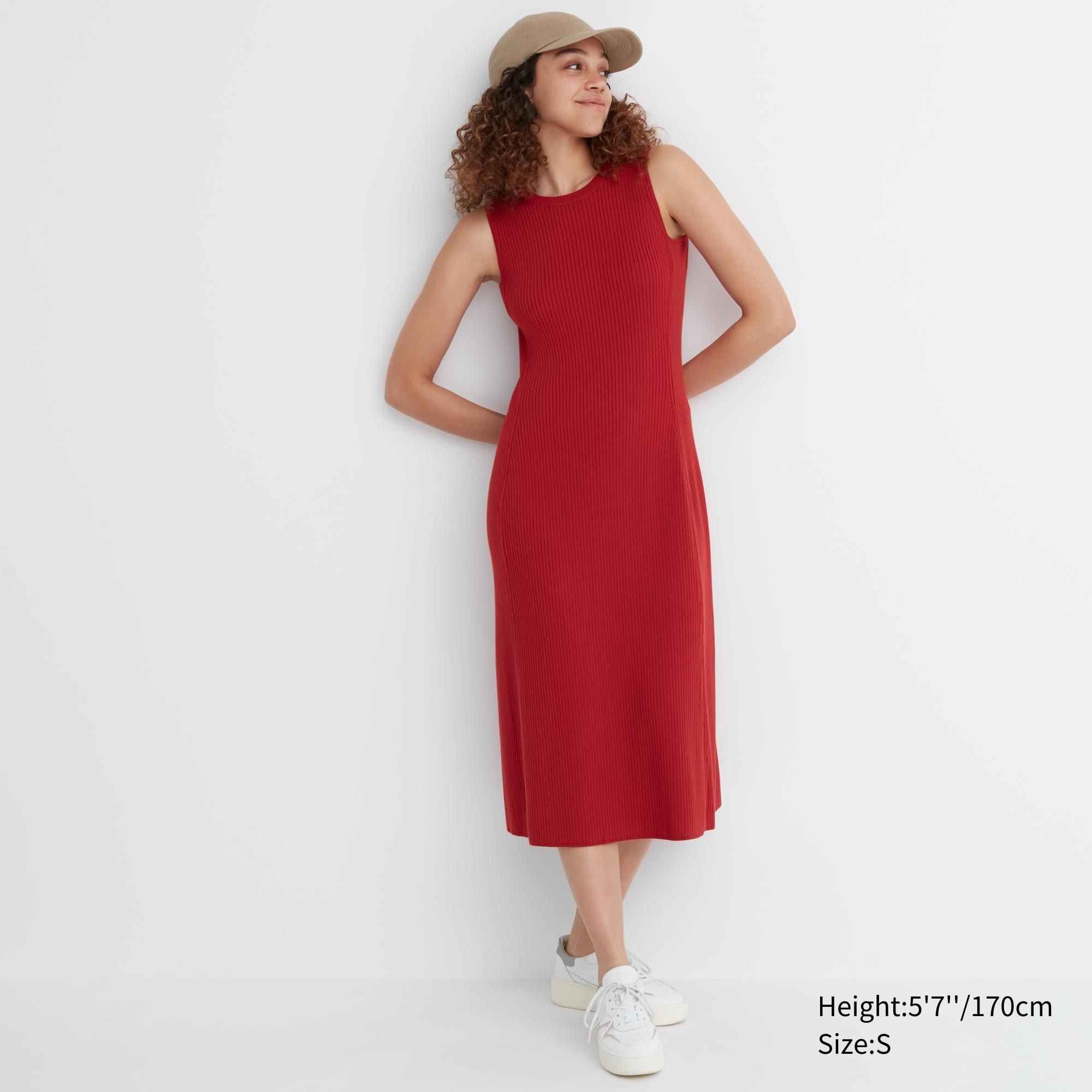 Red Uniqlo Cotton Blend Knit Sleeveless Dress | GDJLM-4801