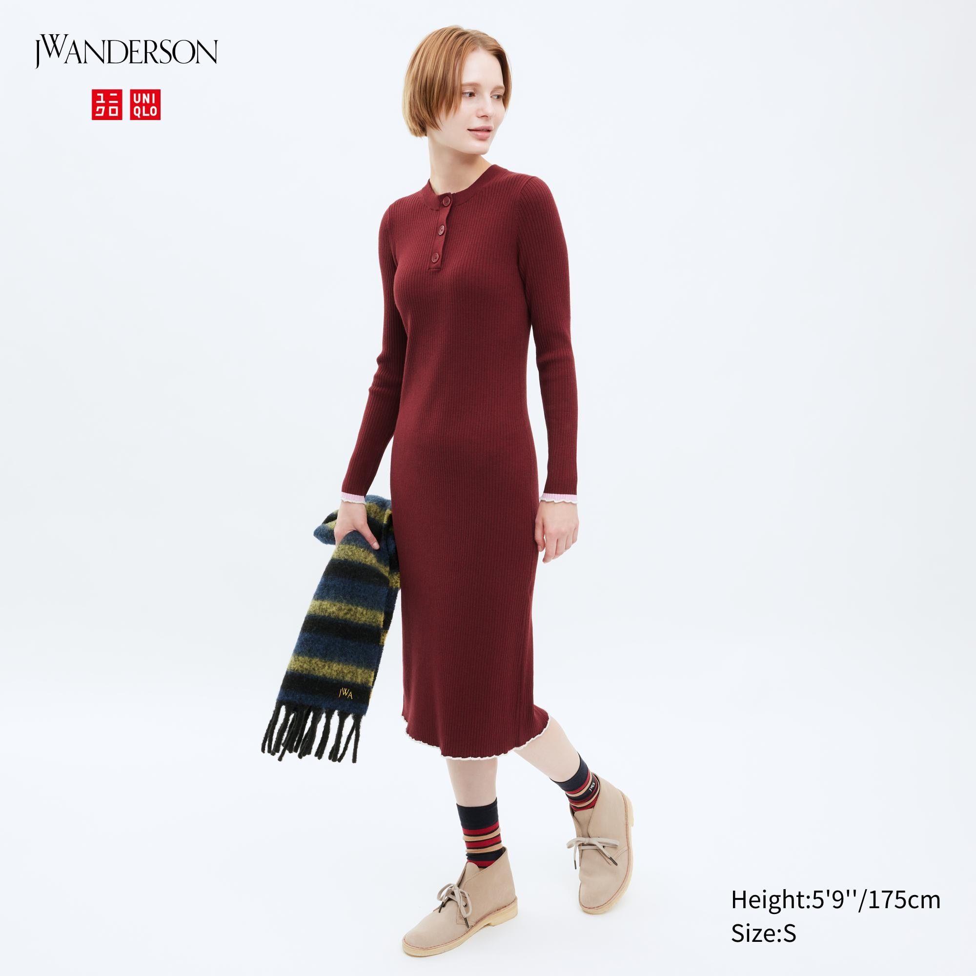 Red Uniqlo Ribbed Knit Long Sleeved Dress | GHOPQ-3714