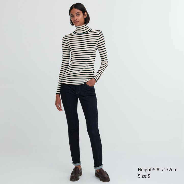 White Uniqlo 100pct Extra Fine Merino Ribbed Striped Turtleneck Jumper | WUFXA-6410