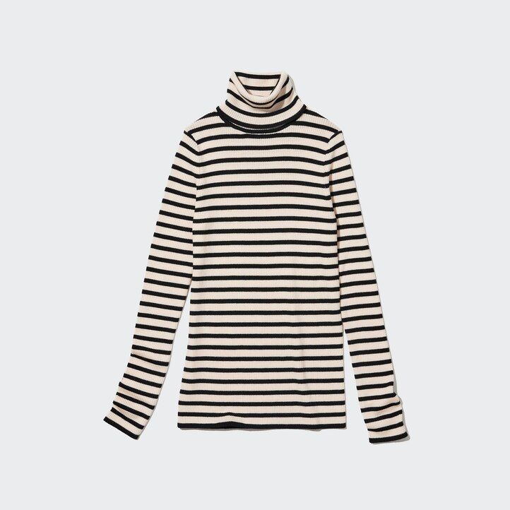 White Uniqlo 100pct Extra Fine Merino Ribbed Striped Turtleneck Jumper | WUFXA-6410