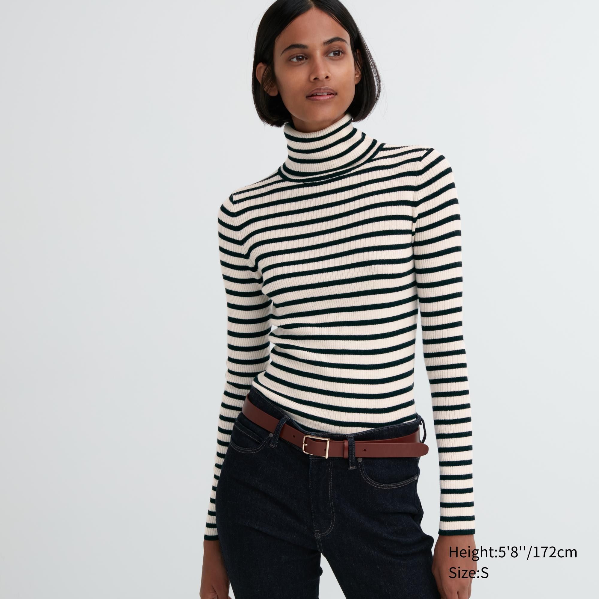 White Uniqlo 100pct Extra Fine Merino Ribbed Striped Turtleneck Jumper | WUFXA-6410