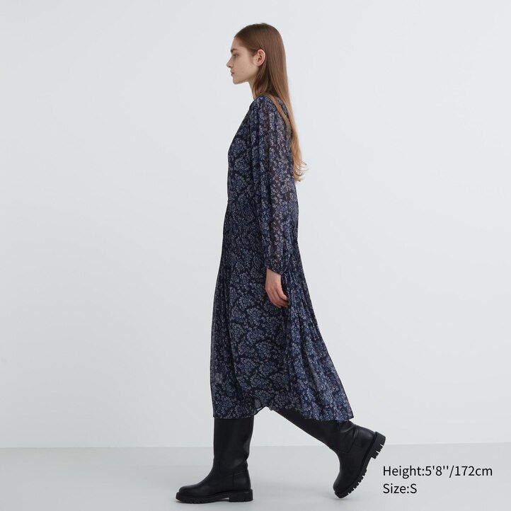 White Uniqlo Chiffon Pleated Printed Long Sleeved Dress | WFGDZ-5789