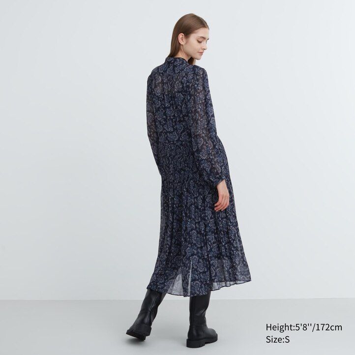 White Uniqlo Chiffon Pleated Printed Long Sleeved Dress | WFGDZ-5789