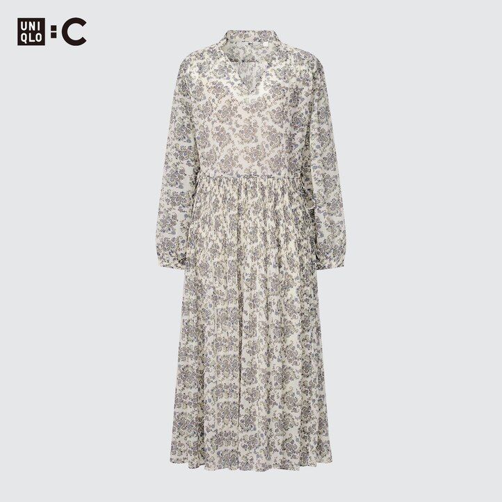 White Uniqlo Chiffon Pleated Printed Long Sleeved Dress | WFGDZ-5789