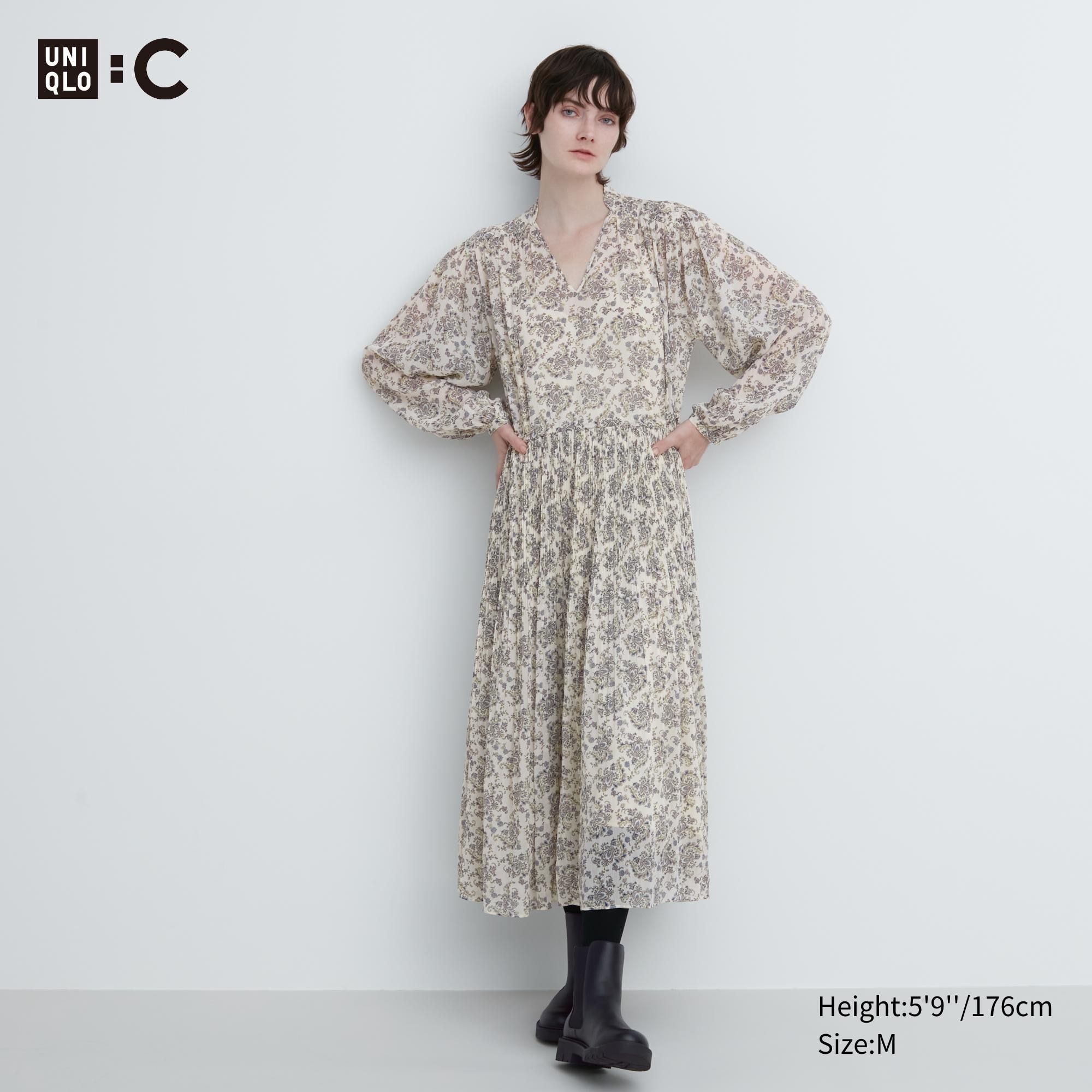 White Uniqlo Chiffon Pleated Printed Long Sleeved Dress | WFGDZ-5789