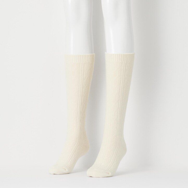 White Uniqlo Heattech Cable Knit High Thermal Socks | FZMGY-8691