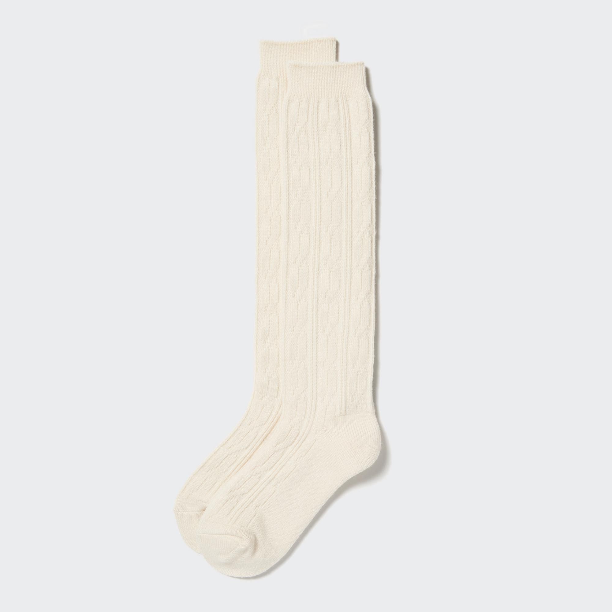 White Uniqlo Heattech Cable Knit High Thermal Socks | FZMGY-8691
