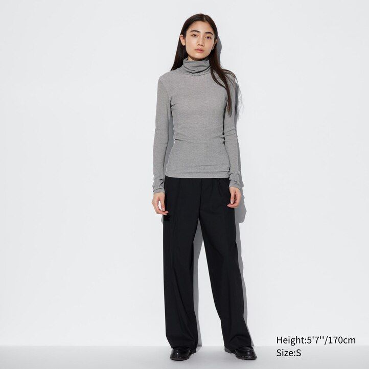 White Uniqlo Heattech Extra Warm Seamless Ribbed Striped Turtleneck Long Sleeved Thermal Top | SROYI-1547