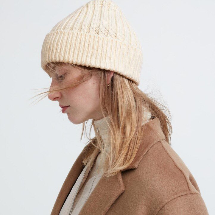 White Uniqlo Heattech Ribbed Beanie Hat | BIYDO-7903