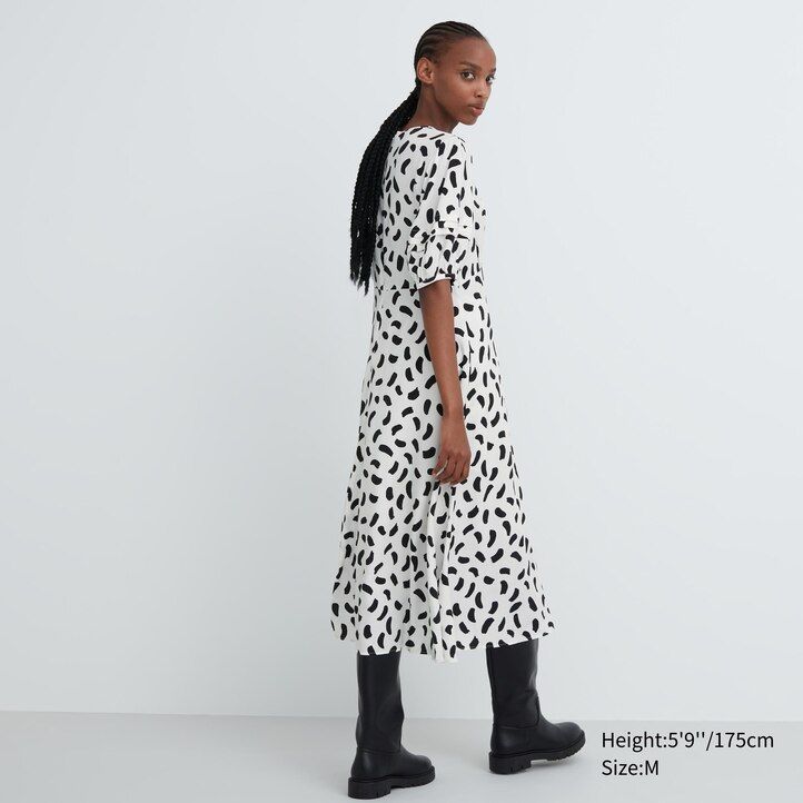White Uniqlo Printed Balloon Sleeved Dress | MEXWY-9247