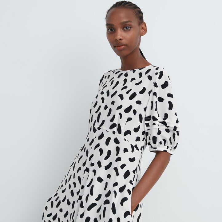White Uniqlo Printed Balloon Sleeved Dress | MEXWY-9247