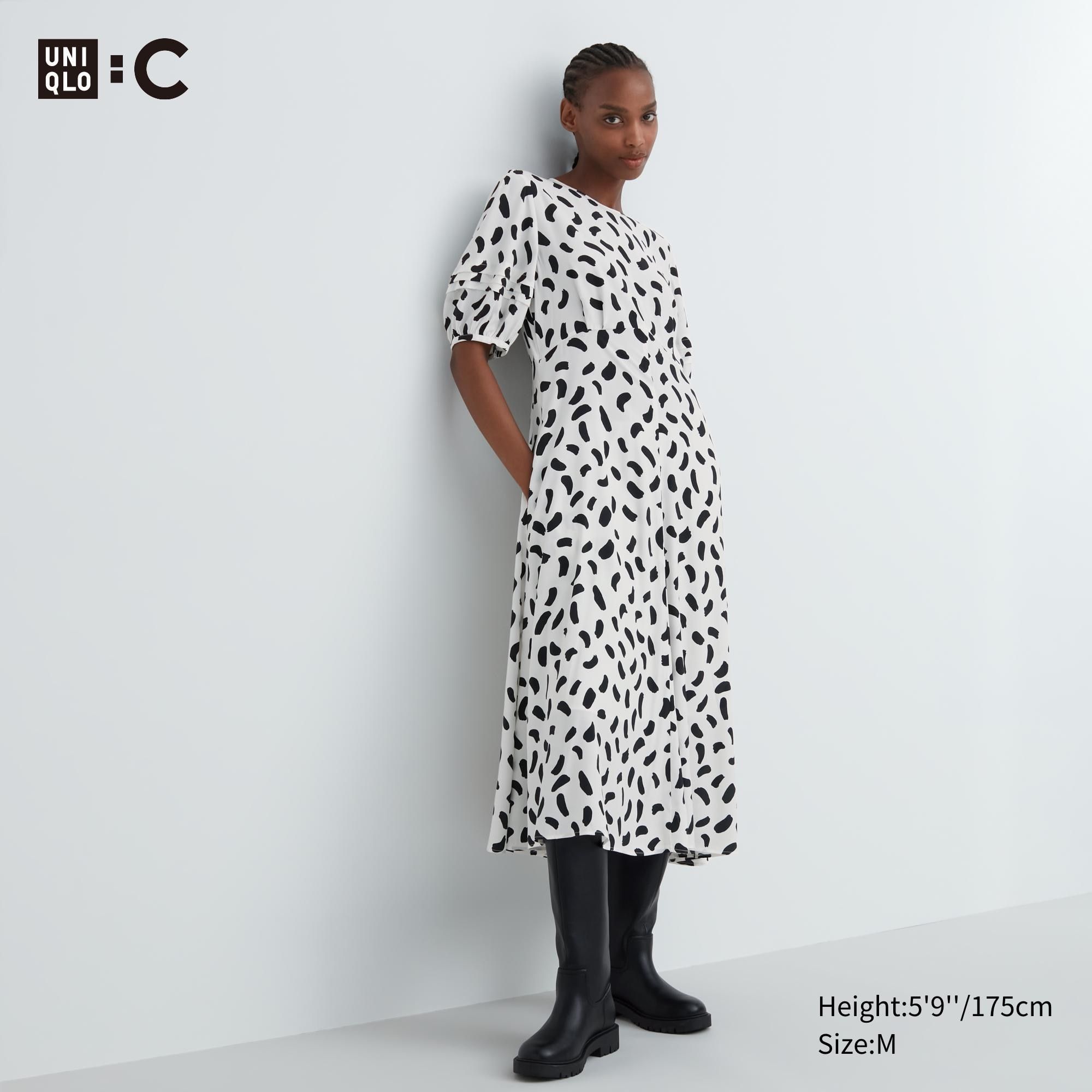 White Uniqlo Printed Balloon Sleeved Dress | MEXWY-9247