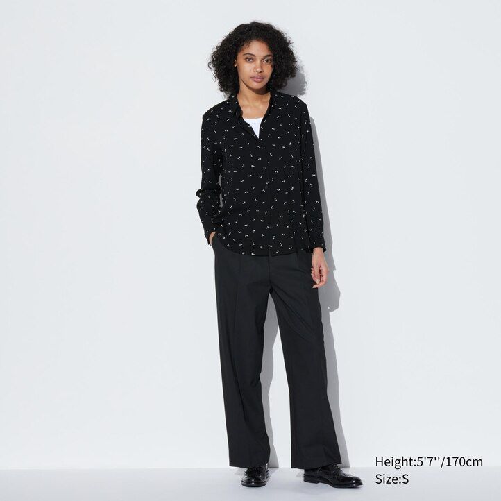White Uniqlo Rayon Printed Long Sleeved Blouse | MWXYI-7356
