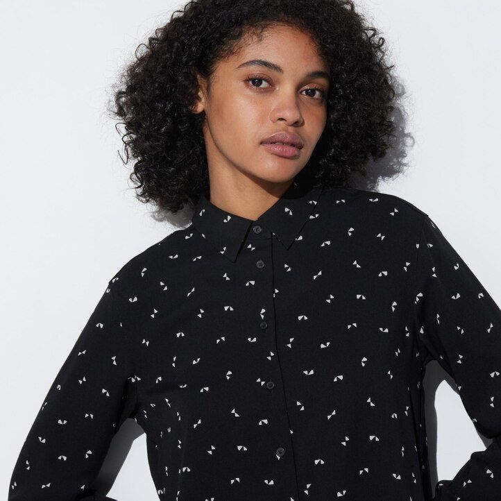White Uniqlo Rayon Printed Long Sleeved Blouse | MWXYI-7356