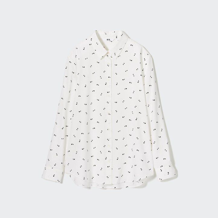 White Uniqlo Rayon Printed Long Sleeved Blouse | MWXYI-7356