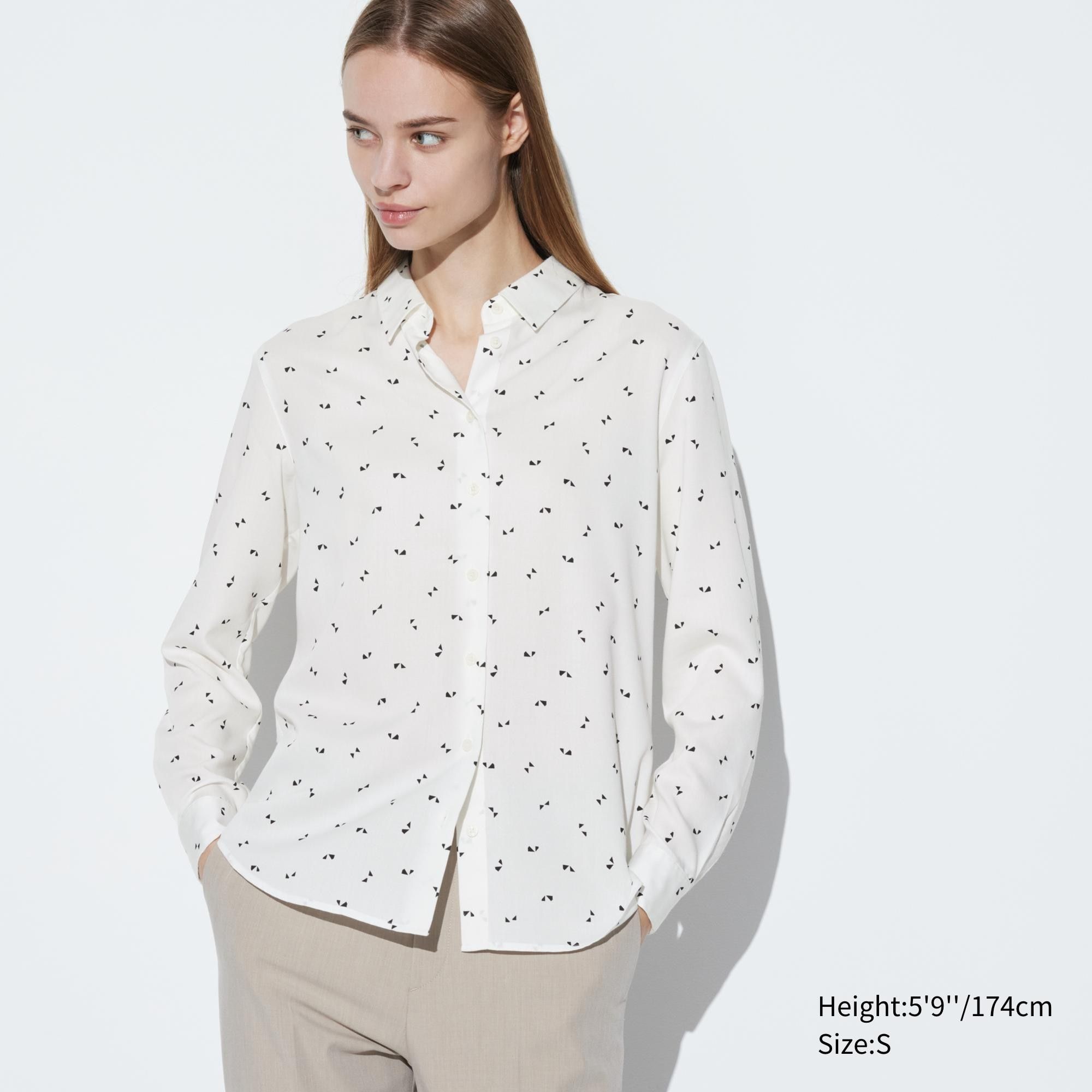 White Uniqlo Rayon Printed Long Sleeved Blouse | MWXYI-7356
