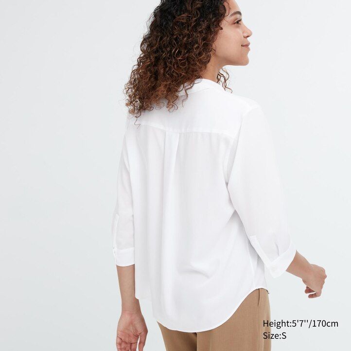 White Uniqlo Rayon Skipper Collar 34 Sleeved Blouse | PIAYU-7952