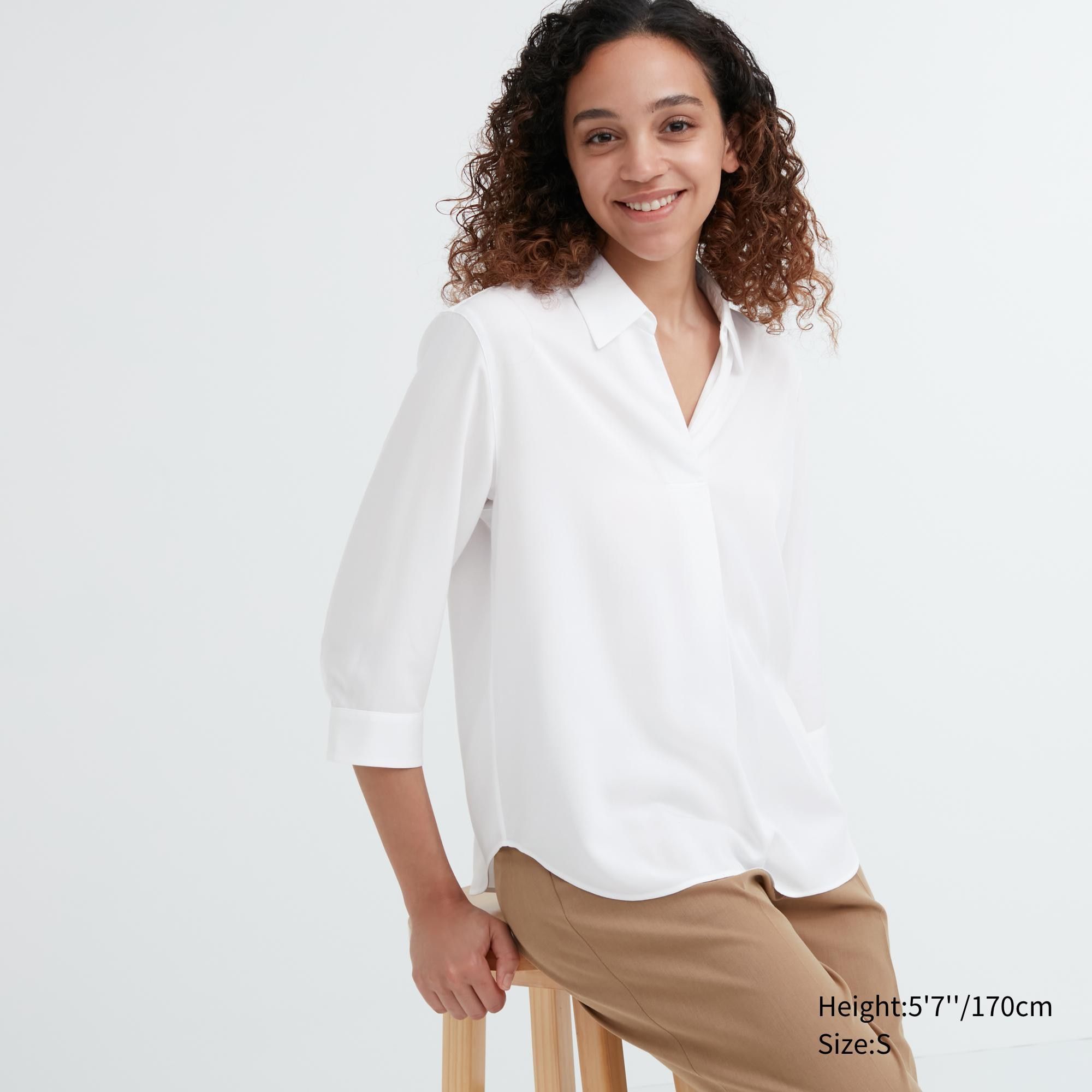 White Uniqlo Rayon Skipper Collar 34 Sleeved Blouse | PIAYU-7952