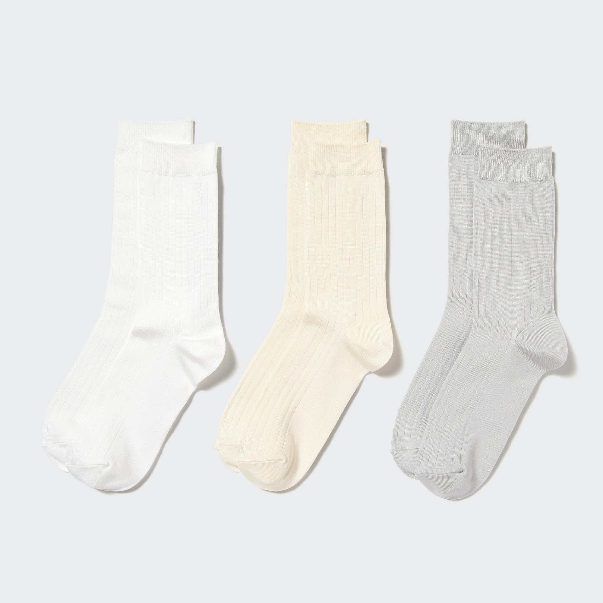 White Uniqlo Ribbed Socks Three Pairs | LKEOA-2705