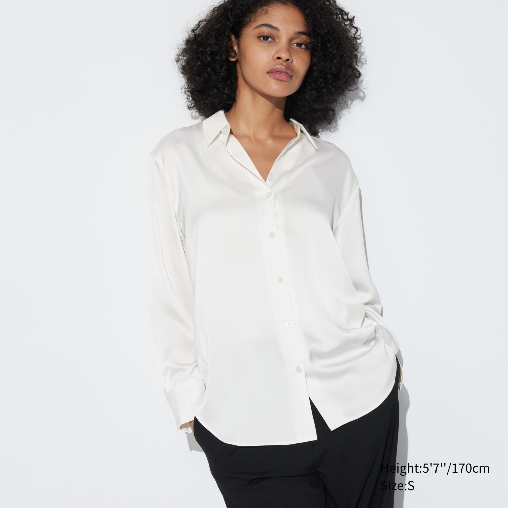 White Uniqlo Satin Long Sleeved Blouse | HONRU-2618