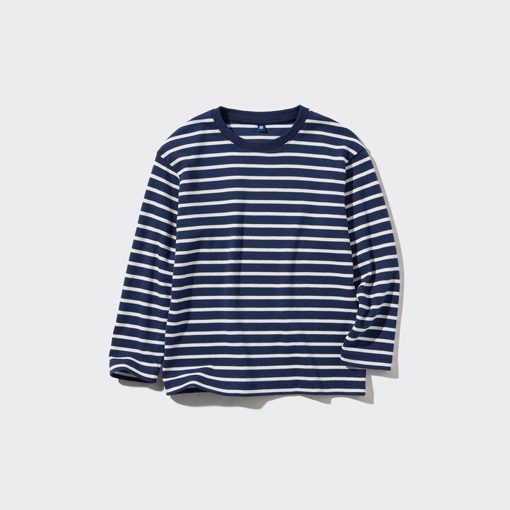 White Uniqlo Soft Brushed Cotton Striped Crew Neck Long Sleeved T-Shirt | XHRWA-0156