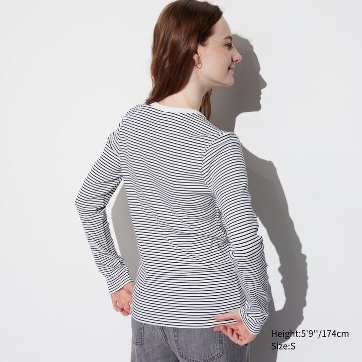 White Uniqlo Soft Ribbed Fitted Striped Crew Neck Long Sleeved T-Shirt | KRUXH-6738