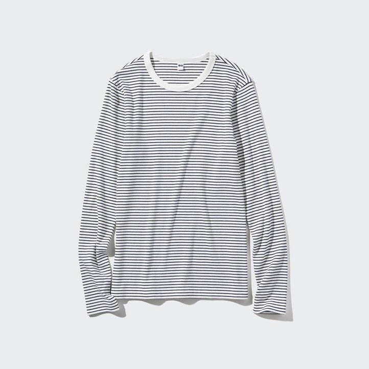White Uniqlo Soft Ribbed Fitted Striped Crew Neck Long Sleeved T-Shirt | KRUXH-6738