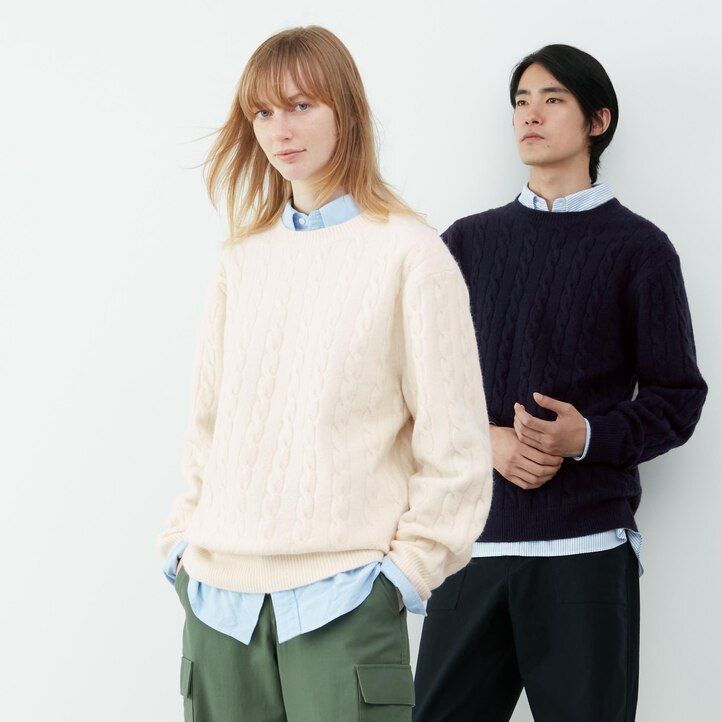 White Uniqlo Souffle Yarn Cable Knit Crew Neck Jumper | EGJWM-0852