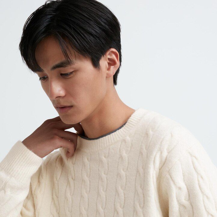 White Uniqlo Souffle Yarn Cable Knit Crew Neck Jumper | EGJWM-0852