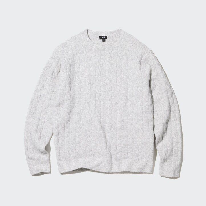 White Uniqlo Souffle Yarn Cable Knit Crew Neck Jumper | EGJWM-0852