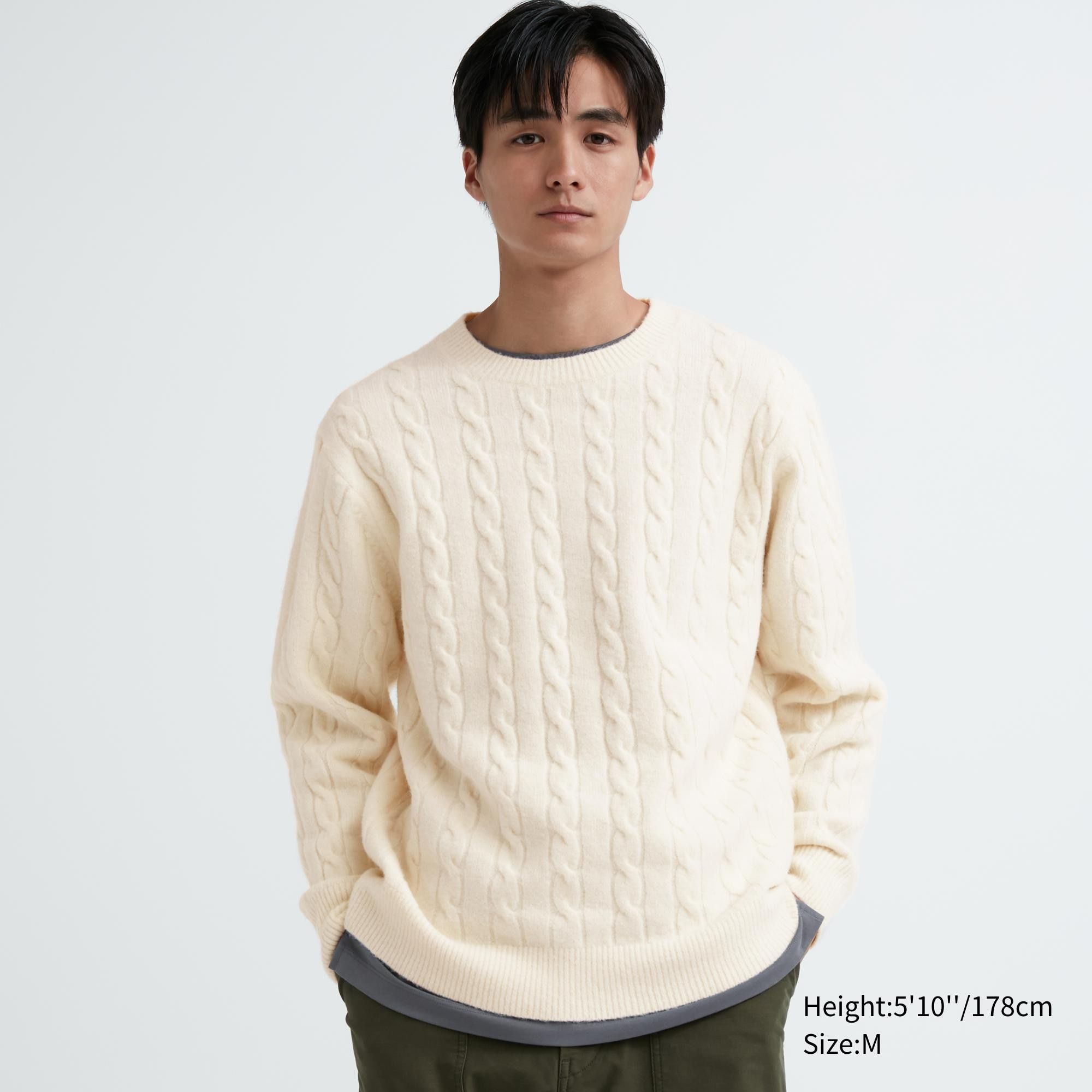 White Uniqlo Souffle Yarn Cable Knit Crew Neck Jumper | EGJWM-0852