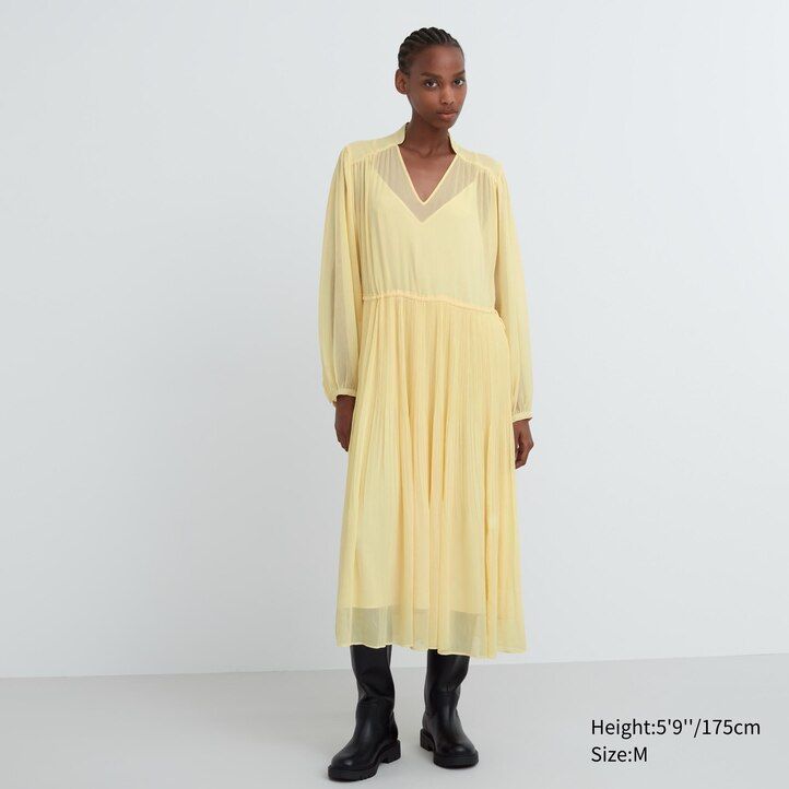 Yellow Uniqlo Chiffon Pleated Long Sleeved Dress | GQNIF-2761